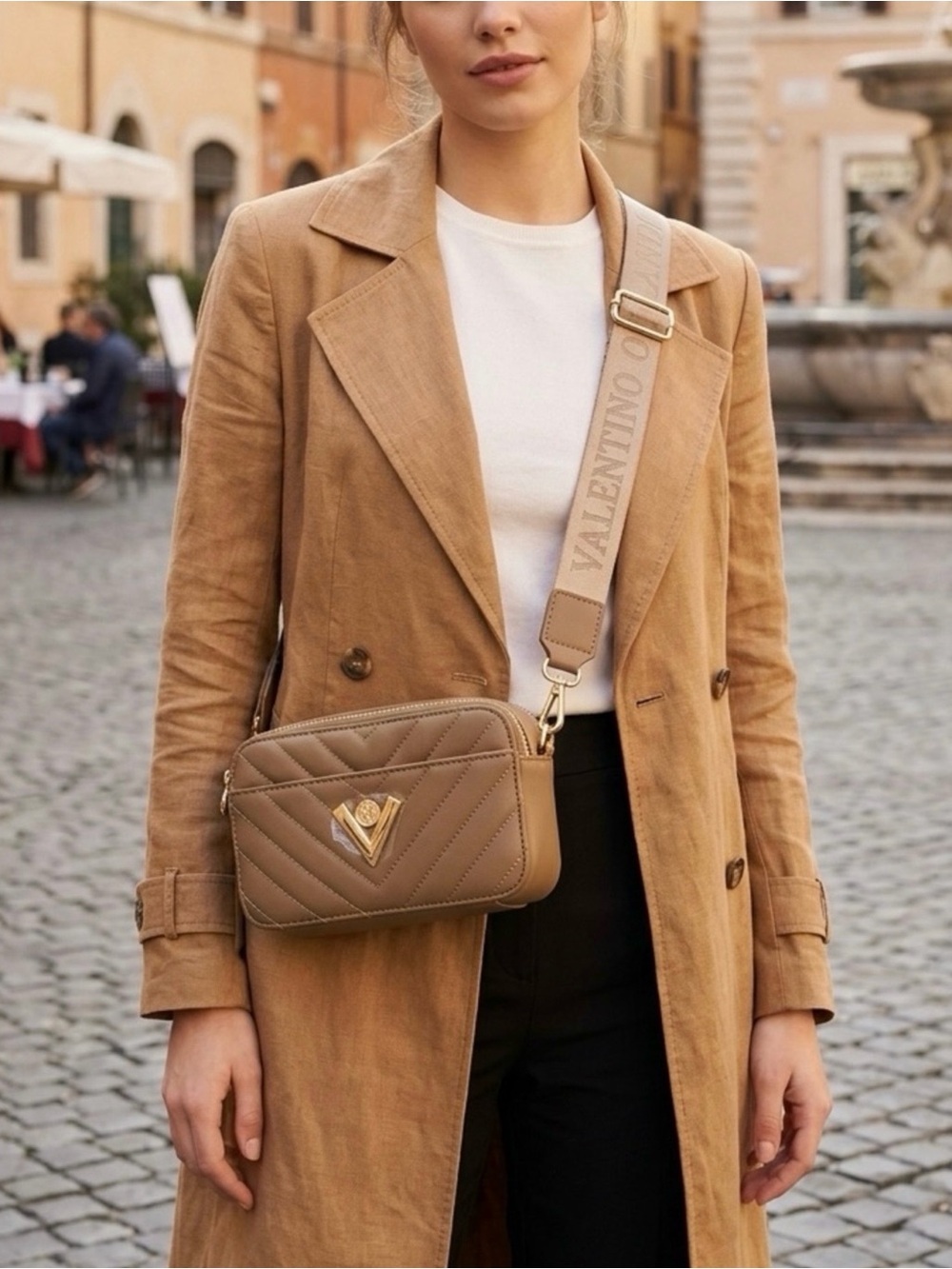 Valentino Orlandi Tan Quilted Crossbody with Gold V-Logo